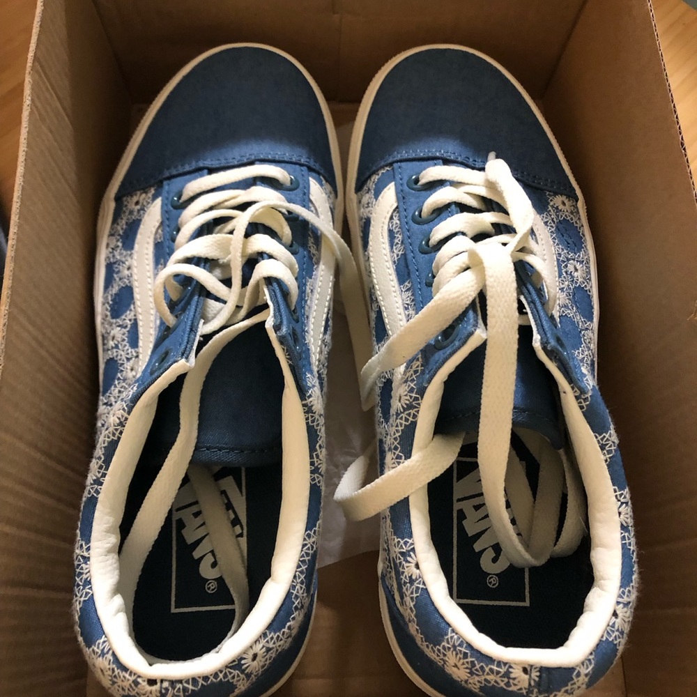 New Vans Old Skool Stacked Denim Mix Blue White Platform Sneakers - Picture 3 of 7